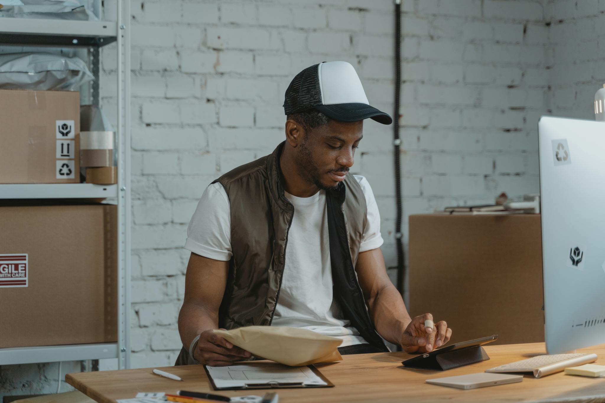 A man in a warehouse managing e-commerce orders and using a tablet for logistics.